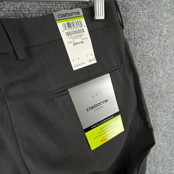 NWT Claiborne Pleated Pants Charcoal Gray 32x32 Stretch Waistband Herringbone - Picture 10 of 13